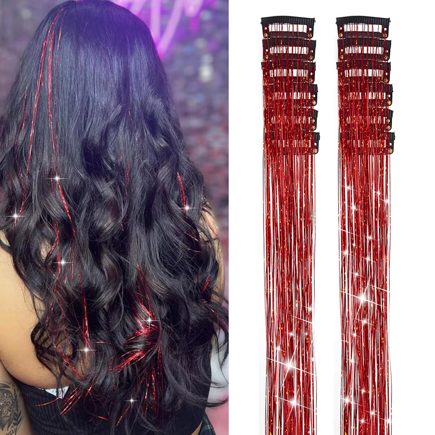 6Pcs Hair Tinsel Clip in 23.6Inch Glitter Synthetic Tinsel Hair Clip in Hair Tinsel Kit Heat Resistant Shiny Sparkle Fairy Hair