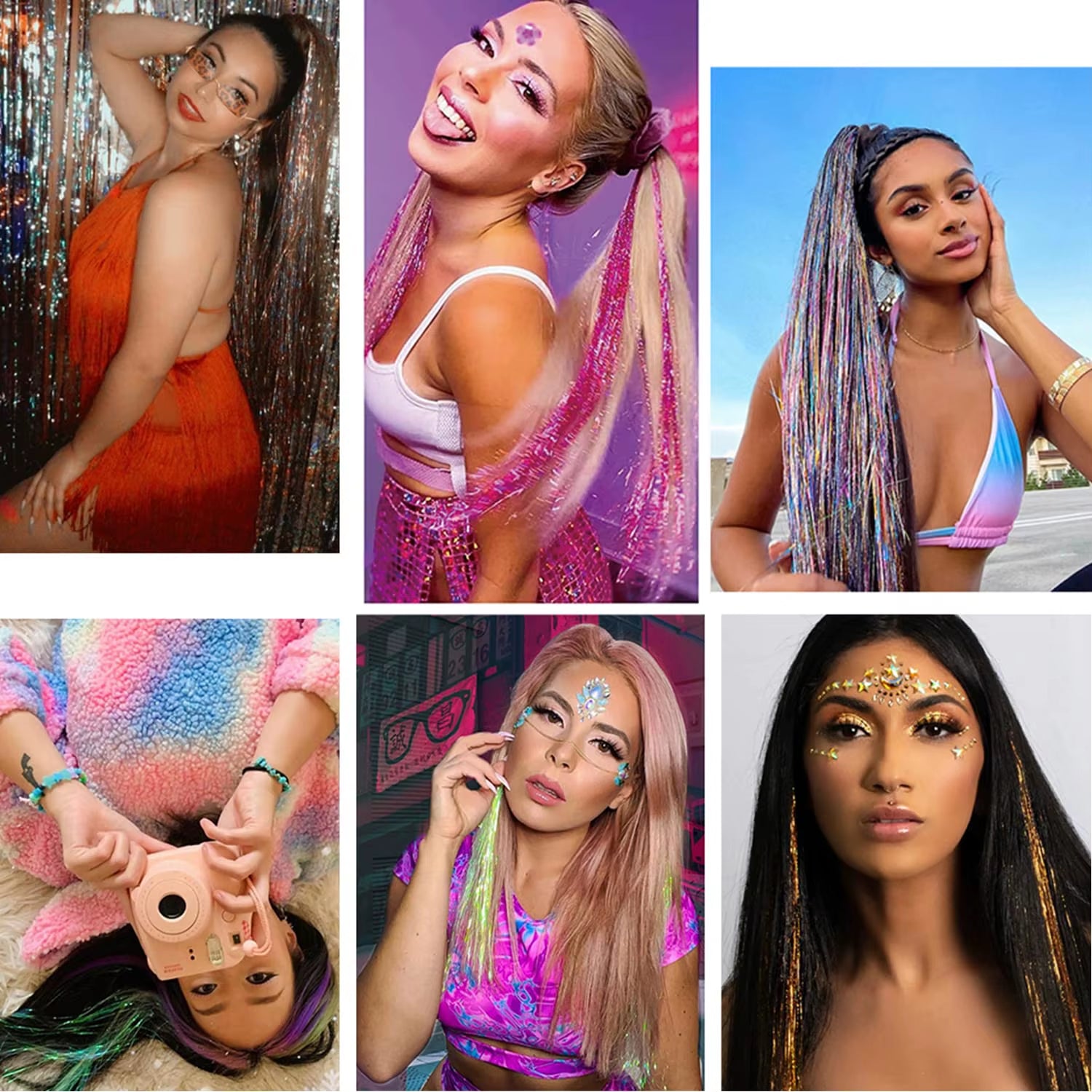 6Pcs Hair Tinsel Clip in 23.6Inch Glitter Synthetic Tinsel Hair Clip in Hair Tinsel Kit Heat Resistant Shiny Sparkle Fairy Hair