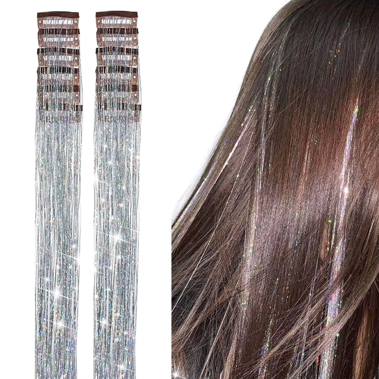 6Pcs Hair Tinsel Clip in 23.6Inch Glitter Synthetic Tinsel Hair Clip in Hair Tinsel Kit Heat Resistant Shiny Sparkle Fairy Hair