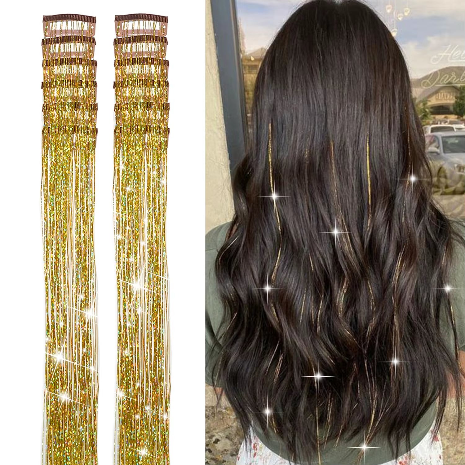 6Pcs Hair Tinsel Clip in 23.6Inch Glitter Synthetic Tinsel Hair Clip in Hair Tinsel Kit Heat Resistant Shiny Sparkle Fairy Hair
