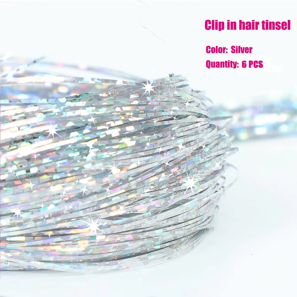 6Pcs Hair Tinsel Clip in 23.6Inch Glitter Synthetic Tinsel Hair Clip in Hair Tinsel Kit Heat Resistant Shiny Sparkle Fairy Hair